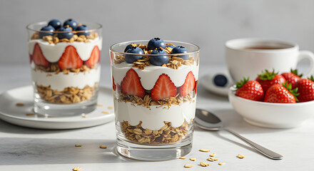 Layered Yogurt Parfait with Berries and Granola in Glass – Healthy Dessert or Breakfast Stock Image in Bright Light