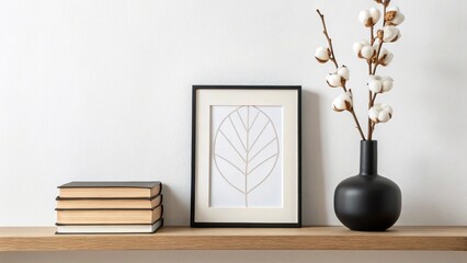 A clean and contemporary interior design vignette, showcasing decorative elements on a floating wooden shelf: a framed leaf art print, a vase with fluffy cotton bolls