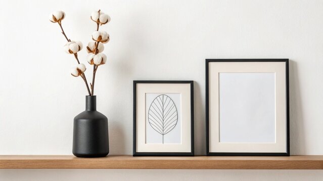  minimalist and stylish home decor arrangement featuring a black framed botanical print, a sleek black vase with natural cotton branches, and a stack of books on a light wooden shelf