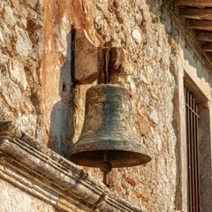 Obraz premium Close-up of a weathered bell hanging on a stone building, showcasing aged texture