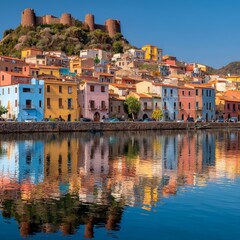 Fototapeta premium A picturesque waterside scene showcasing colorful buildings reflected in the tranquil water, with an old castle on a hilltop