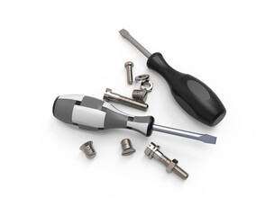 3d visualization, tool and hardware for repair. screwdriver, bolts, nuts.
