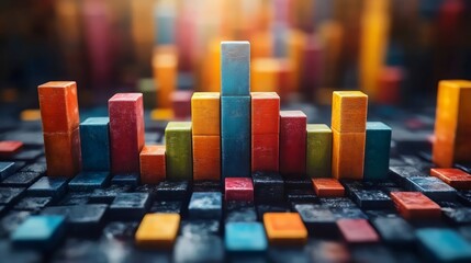 Colorful wooden blocks form a vibrant bar graph, representing data and statistics.