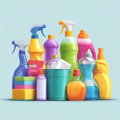 A colorful assortment of household cleaning product bottles arranged together, with spray nozzles and a bucket containing cloths
