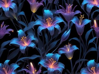 Ethereal glowing lilies with translucent petals in vibrant purple, blue, green, and pink hues, softly radiating bioluminescent light on a dark background, mystical and enchanting floral art.