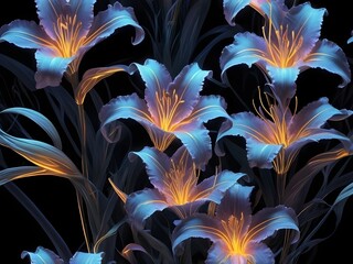 Ethereal glowing lilies with translucent petals in vibrant purple, blue, green, and pink hues, softly radiating bioluminescent light on a dark background, mystical and enchanting floral art.