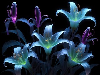 Ethereal glowing lilies with translucent petals in vibrant purple, blue, green, and pink hues, softly radiating bioluminescent light on a dark background, mystical and enchanting floral art.