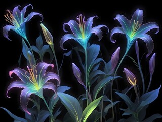 Ethereal glowing lilies with translucent petals in vibrant purple, blue, green, and pink hues, softly radiating bioluminescent light on a dark background, mystical and enchanting floral art.