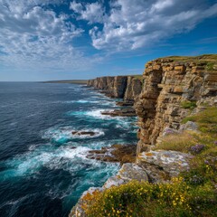 Fototapeta premium Dramatic coastal cliffs meeting a vast ocean under a vibrant blue sky. The cliffs are rugged and textured, while the ocean waves create a sense of movement and power
