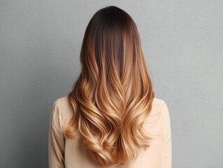 Naklejka premium Back view of woman with long wavy hair dyed in balayage style, smooth brown to blonde gradient, haircare and beauty concept