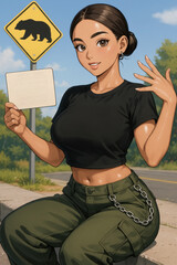 Anime Woman Holding Blank Sign Near Bear Crossing 
