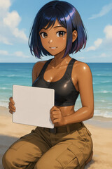Anime-Style Girl Holding Blank Sign at the Beach