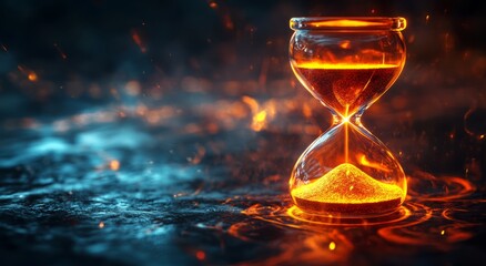 Modern Neon Hourglass Radiating Light on a Dark  Background with Copy Space