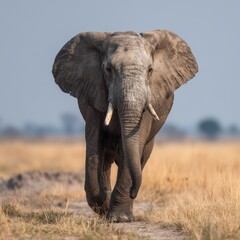 Fototapeta premium Majestic elephant strides purposefully across the African savanna, tusks gleaming in the sunlight