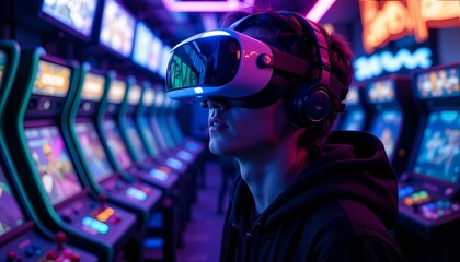 Obraz premium Teenage boy wearing VR glasses, virtual reality headset in a neon-lit arcade surrounded by vivid gaming environments
