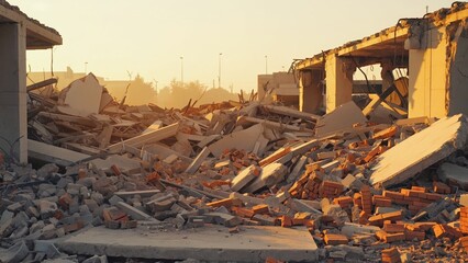 a pile of construction debris after the destruction of the building, including concrete blocks and bricks. Dilapidated structures stand in the distance