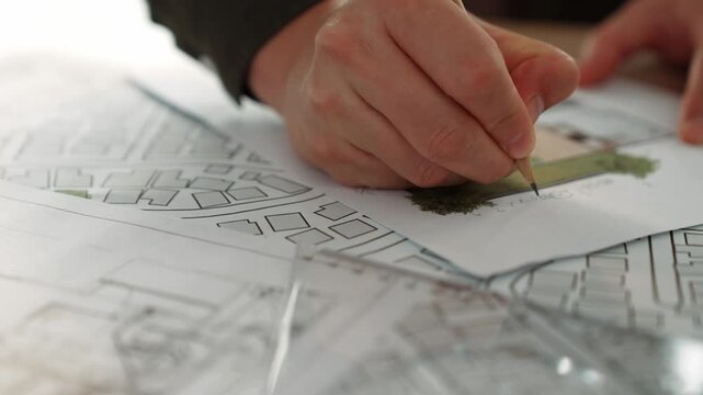 A video of architect with triangle ruler and pencil to measure blueprint. Architect designing house construction on a table at studio, architectural plan scattered around. Focus on hand. Delineation.