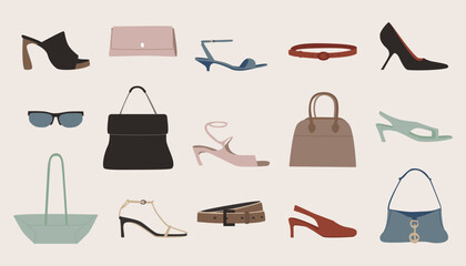 Stylish women's accessories collection.  Set of handbags, shoes, belts, and sunglasses.