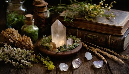 Opal crystal on a dark and old wooden table with lots of green herbs and dry flowers