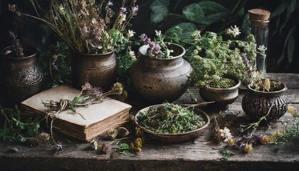 Green herbs and books, dry flowers and old books