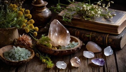 Agate crystals on a dark and old wooden table with lots of green herbs and dry flowers 