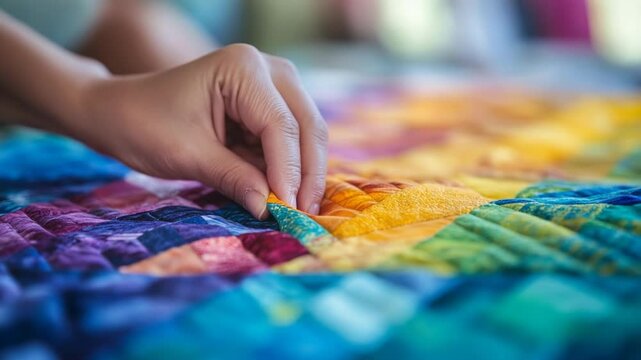 A close-up view of a hand carefully adjusting a colorful patch on a vibrant quilt
