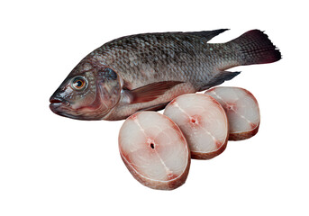 whole raw tilapia fish and fillets - fresh seafood isolated on transparent background