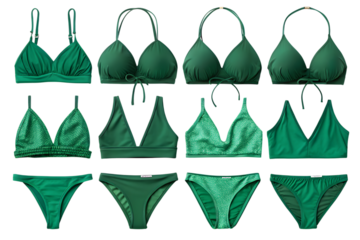 collection of blue bikini tops and bottoms - women's swimwear isolated on transparent background