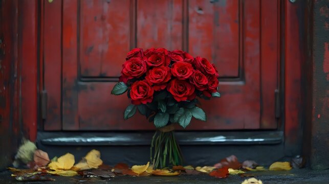 A lush bouquet of vibrant red roses against a rustic, red door during the fall season.
