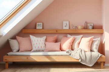 Minimalist modern room interior in peach-pink pastel color scheme illuminated by natural daylight