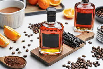 Whisky bottle surrounded by coffee beans, cacao, vanilla, and orange fruit on white background