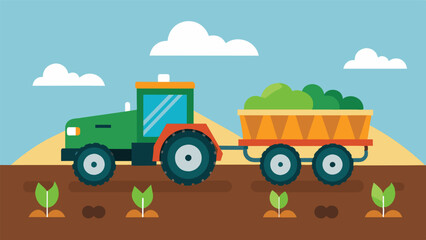 An image of a tractor pulling a trailer outfitted with automated soil sampling equipment collecting samples as it moves through the field.. Vector illustration