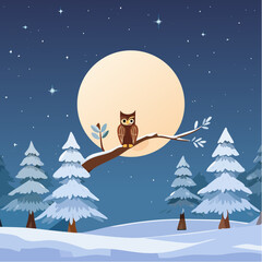 Winter Solstice Night – Snow-laden trees under full moon, owl on a branch, stars sparkling.
