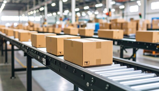 Cardboard boxes on an automated conveyor belt in a large warehouse - Powered by Adobe