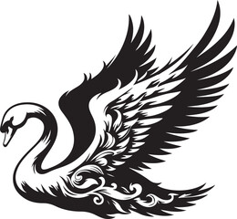 Fototapeta premium A black and white illustration of a swan with ornate wings, designed in a stylized manner with intricate detailing and a graceful, elegant pose.