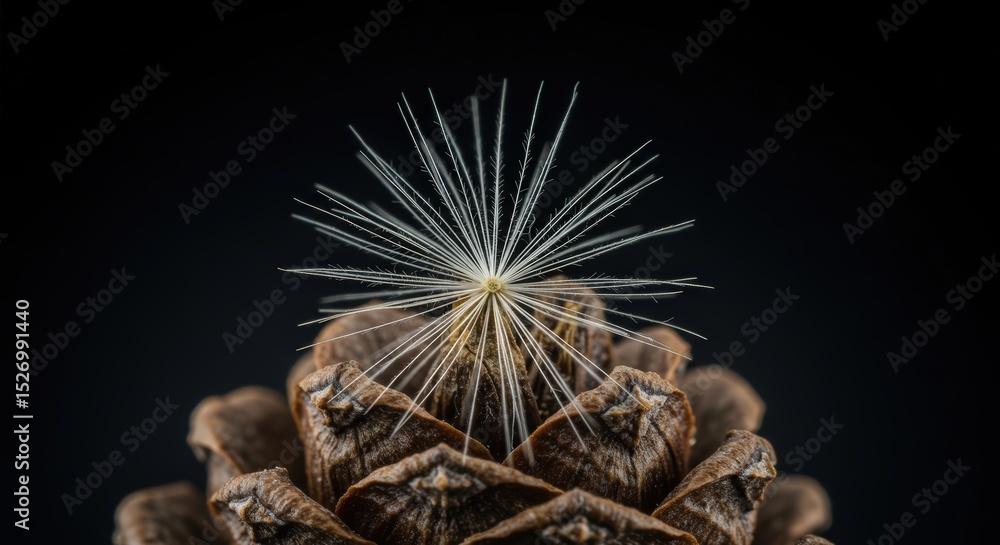 Poster close up of a pine cone with delicate dandelion seed parachuting on its scale. nature's design and l