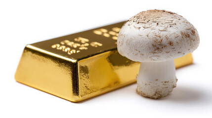 Mushroom and gold bar on white background highlighting contrast between nature and wealth