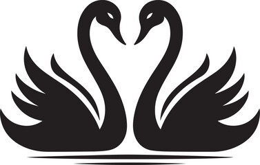 Fototapeta premium A pair of elegant black swans facing each other, their necks forming a heart shape, symbolizing love and unity, depicted in a minimalist, stylized design against a plain white background.
