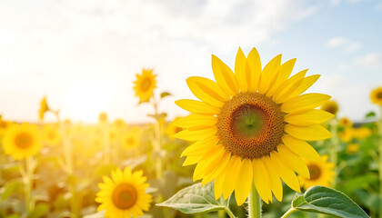 Obraz premium Sunflower blooming in a field during golden hour sunlight 