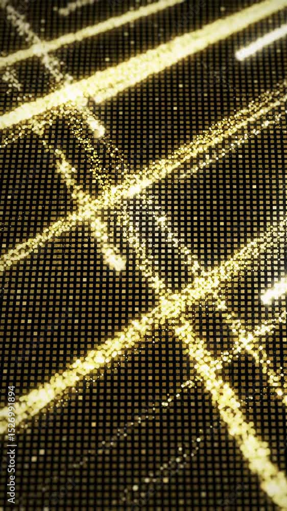 Poster dynamic high-tech abstract animation: precise grid with brilliant shimmering streams of liquid gold 