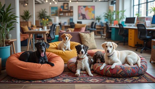 A creative agency workspace with dogs of different sizes lounging on beanbags and rugs next to colorful workstations. Artistic and relaxed. Take Your Dog to Work Day