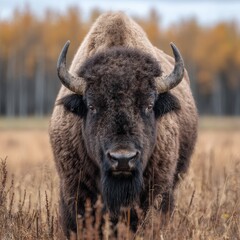 A majestic bison stands proudly in a field, gazing directly at the viewer, its powerful form a testament to the wild