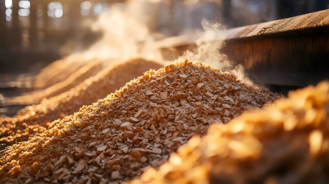 Detailed view of sawdust illuminated by sunlight, creating a warm, textured environment.