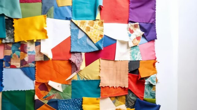 Patchwork quilt background with different colors and patterns of fabric squares, cozy blanket backdrop