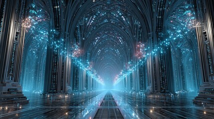 Obraz premium A futuristic glowing cathedral interior with intricate arches and floating light particles, futuristic