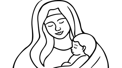 Simple vector illustration of a mother cradling her sleeping baby, symbolizing love and motherhood, in a minimalist style