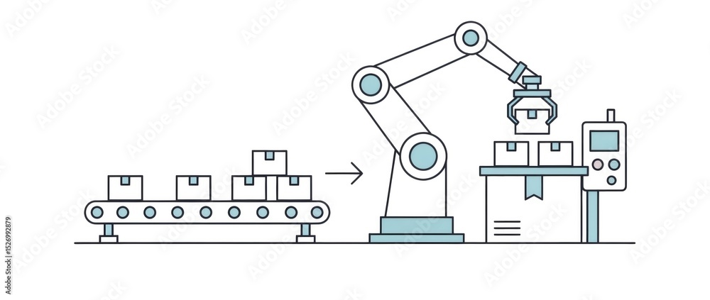 Aufkleber robotic arm automation moves boxes from conveyor belt to stack. modern factory process of efficient 