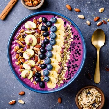 a vibrant bowl of smoothie topped with granola, fresh fruit, and nuts, set against a contrasting dark background