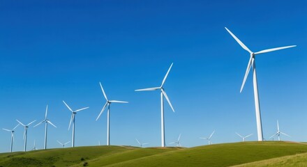 Fototapeta premium Wind turbine on green hill under clear blue sky, generating clean energy. Sustainable power production for environmental protection.