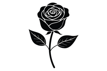 Black and White Rose Illustration with Leaves and Stem on White Background